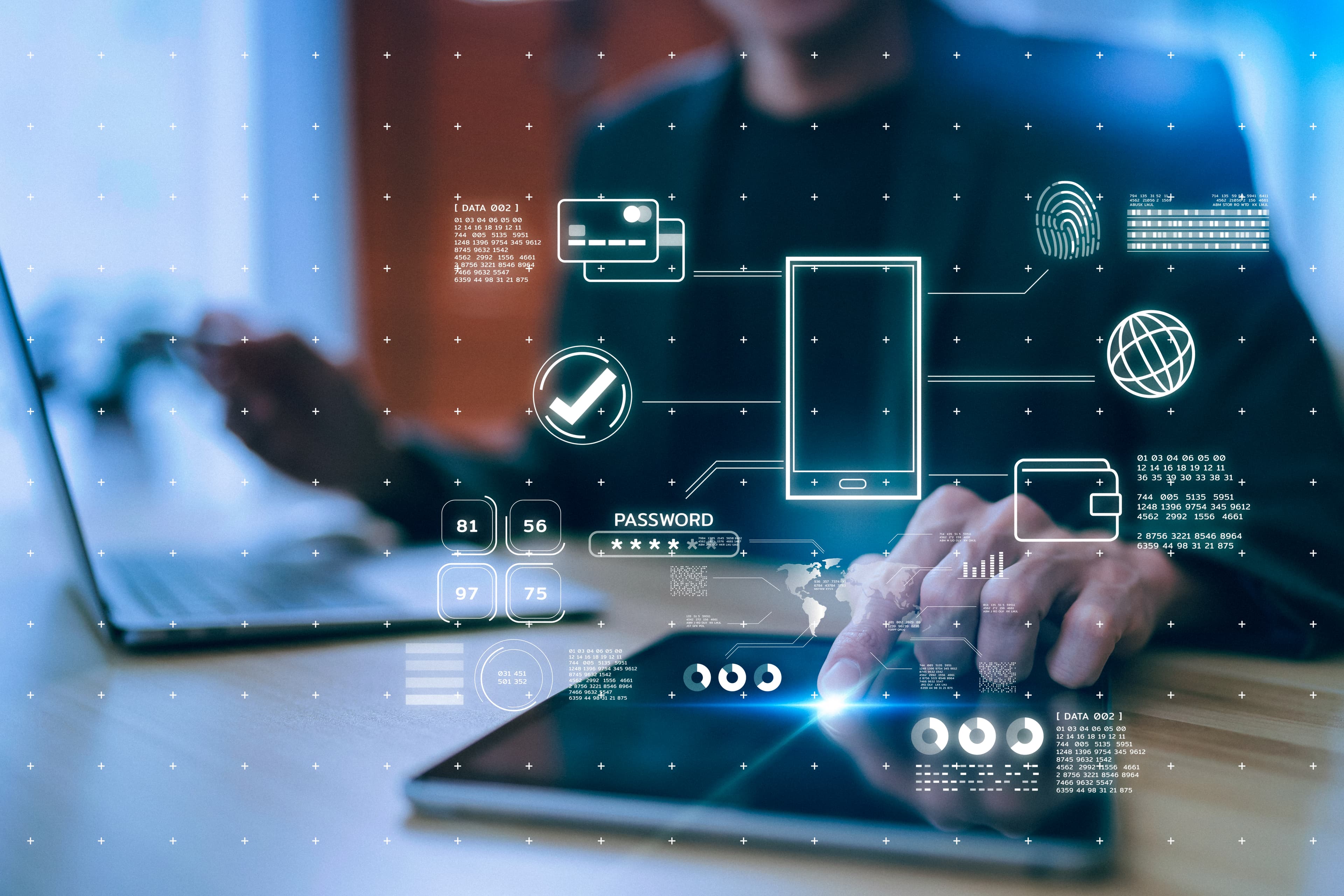 a person using a tablet and laptop, overlaid with digital graphics representing cybersecurity elements, such as locks, passwords, and biometric icons.