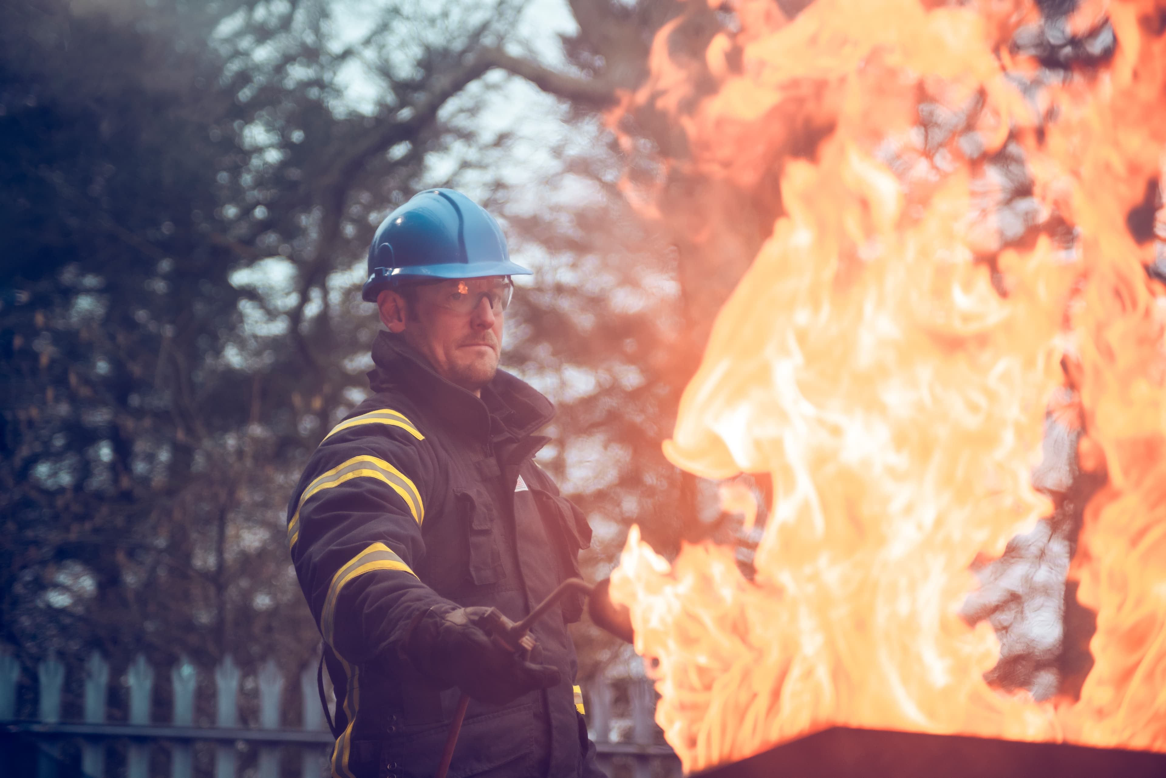 A single participant engaging in a GWO Fire Awareness drill, practising fire safety techniques to ensure swift and effective response in emergencies.